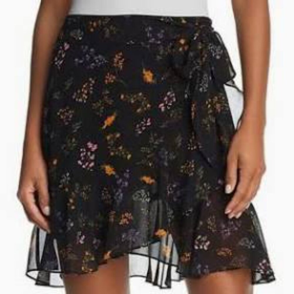 Rebecca Minkoff Alice Floral Ruffled Wrap Look Skirt Black Chiffon Size M